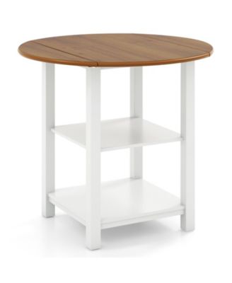 Folding Drop-Leaf Round Dining Table with 2 Shelves