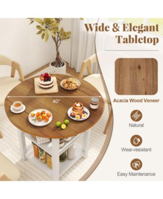 Folding Drop-Leaf Round Dining Table with 2 Shelves