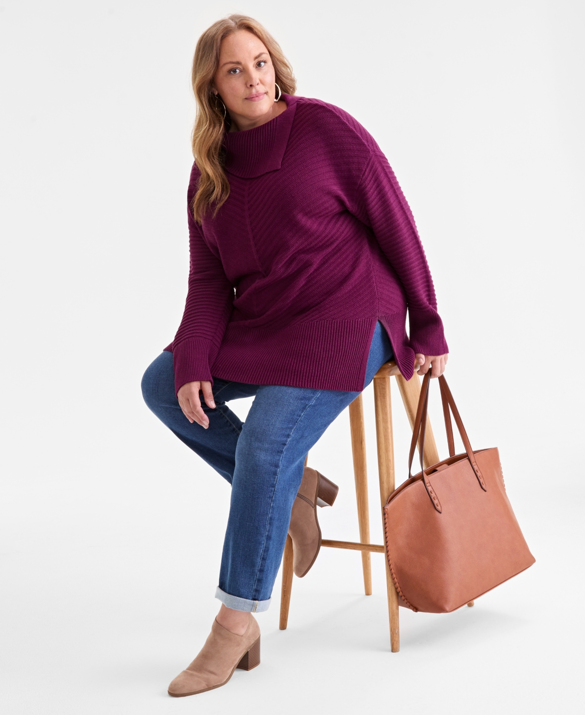 Style & Co Plus Size Envelope Neckline Tunic Sweater, Macy's Exclusive In Burgundy