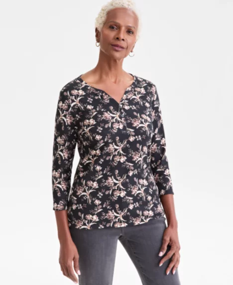 Petite Printed Henley Top - Deep Black Combo