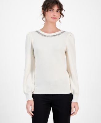 AK Anne Klein - Women's Embellished Puff-Sleeve Sweater