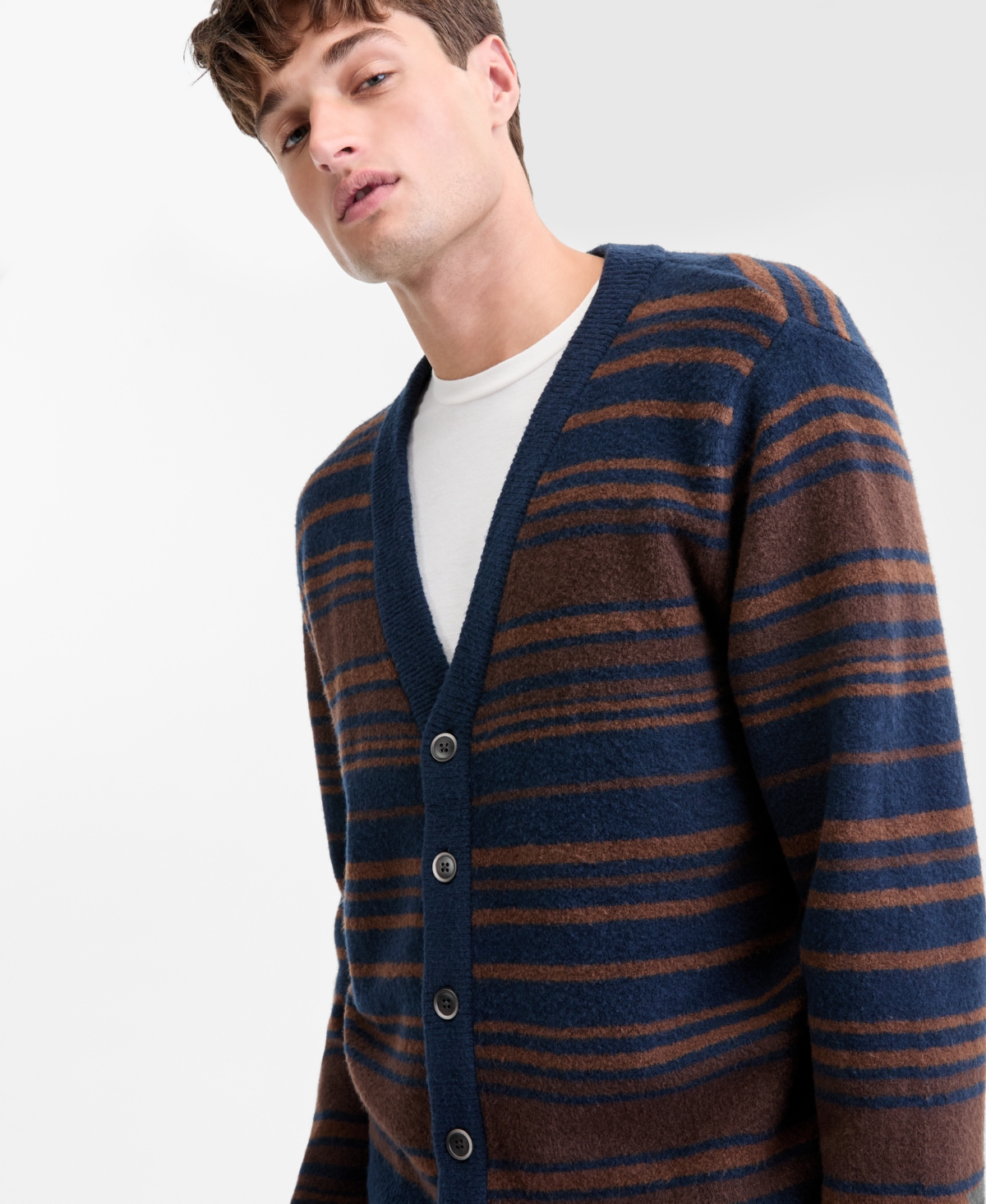 Sun + Stone Men's Blake Long-sleeve Brushed Stripe Cardigan, Macy's Exclusive In Brown