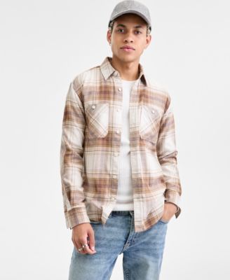 Sun + Stone - Men's Curry Long-Sleeve Cotton Flannel Plaid Shirt