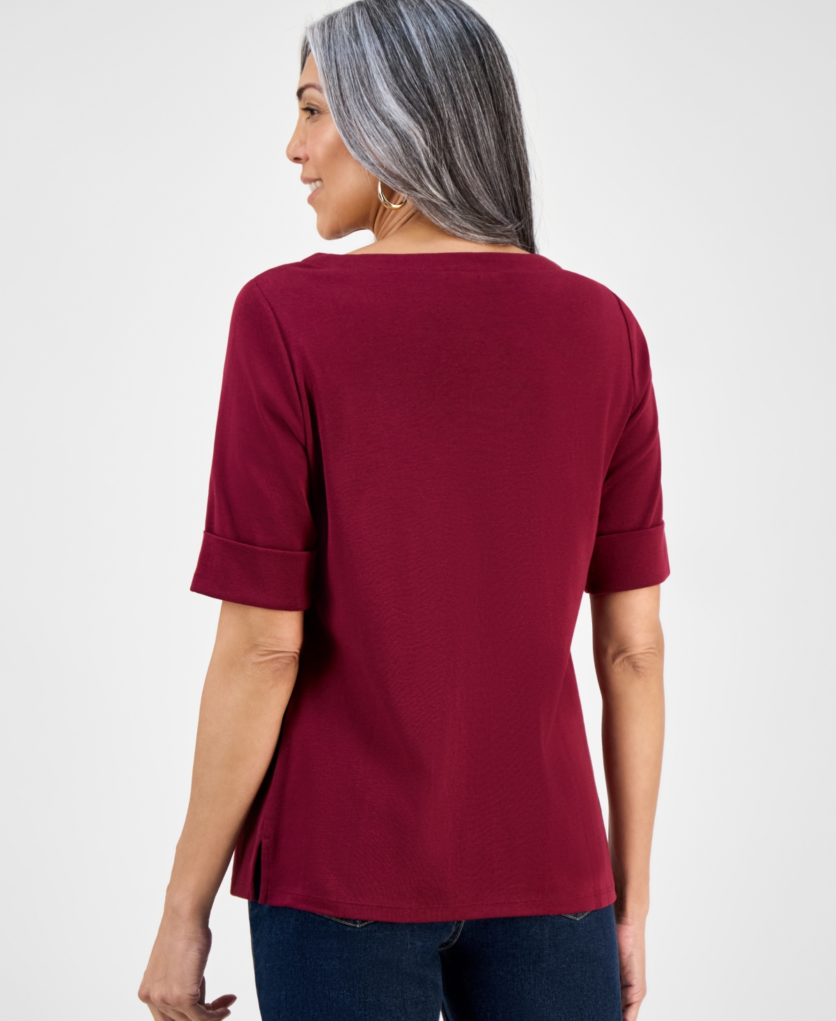 Style & Co Women's Boat-Neck Elbow Sleeve Cotton Top, Exclusively at Macy's