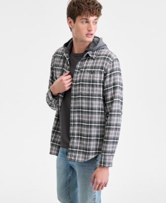 Sun + Stone - Men's Russel Layered-Look Hooded Cotton Flannel Plaid Shirt