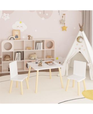 Kids Table and 2 Chairs Set, 3 Pieces Toddler Table and Chair Set, Wooden Activity Play Table Set (White)