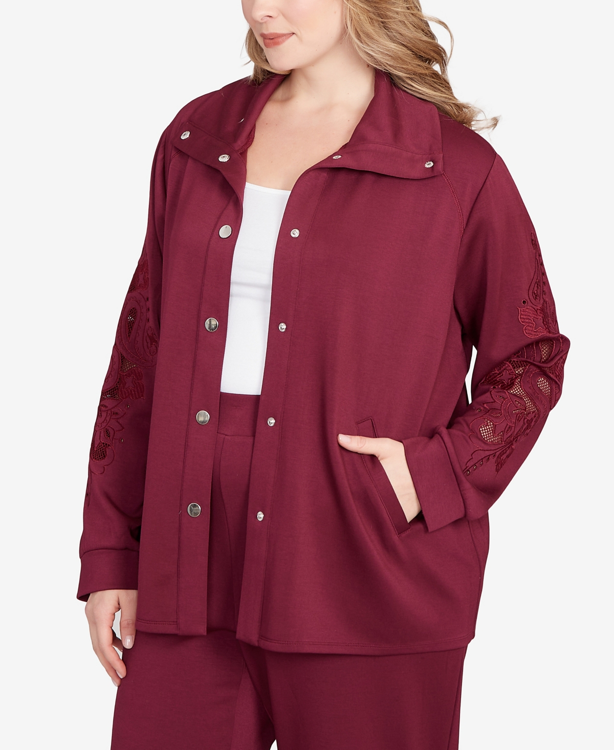 Ruby Rd. Plus Size Embroidered Floral Cutout Snap Jacket In Purple