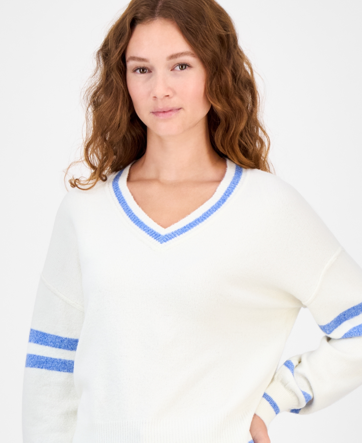 Freshman Juniors' V-neck Varsity Stripe Sweater In White