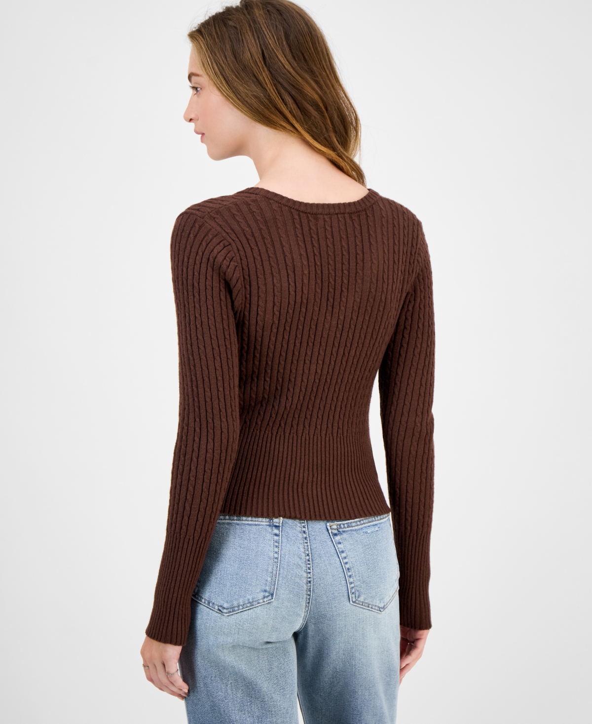 Hooked Up By Iot Juniors' Cable-knit V-neck Sweater In Brown