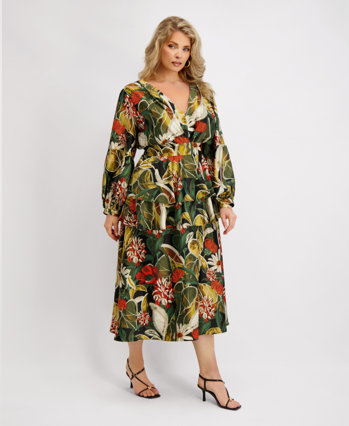 Siena Plus Size Long-sleeve Tiered Satin Maxi Dress In Multi