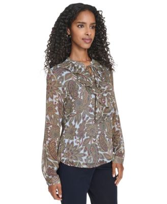 Women's Paisley Ruffle Long Sleeve Blouse