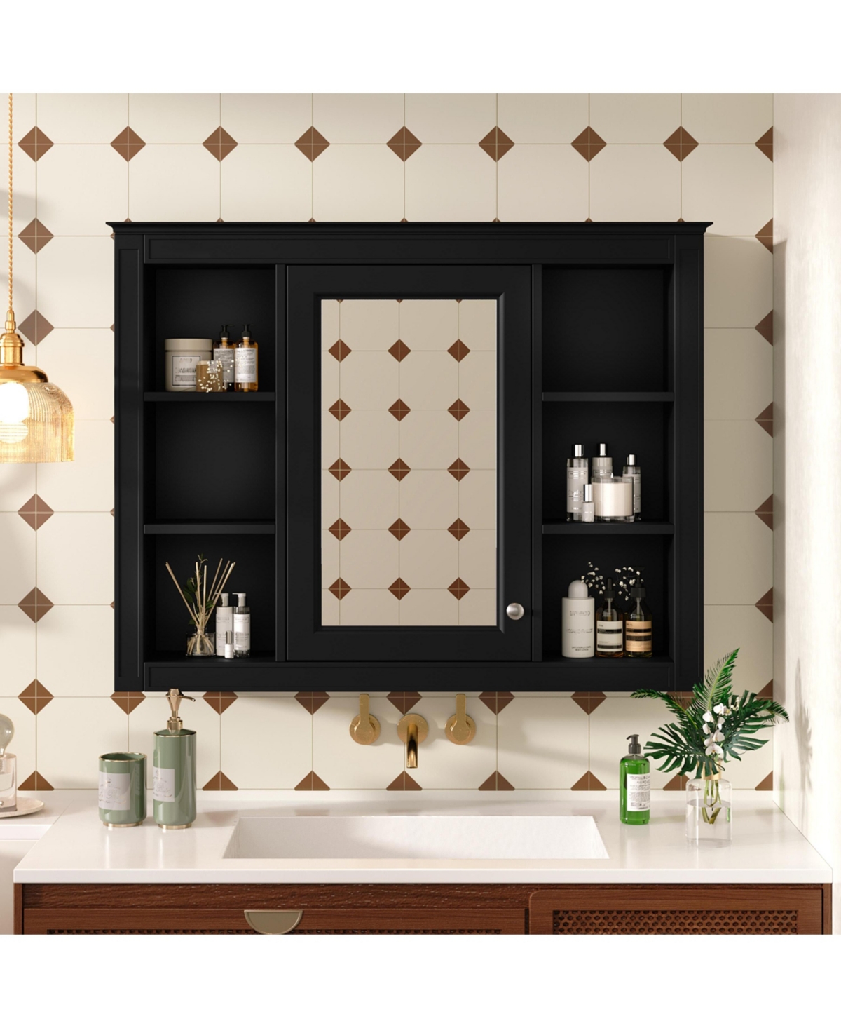 35" x 27.5" Wall Mounted Bathroom Medicine Cabinet with Mirror and 6 Open Shelves (No Vanity) - Black