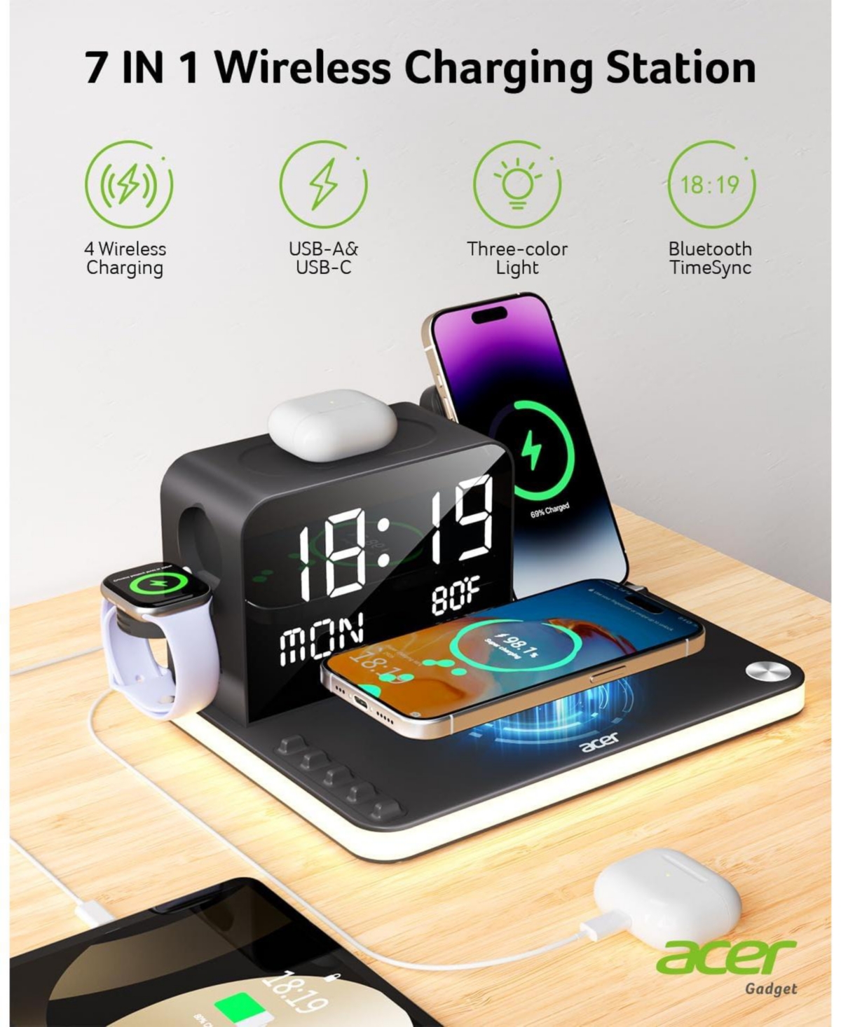 Acer 7-in-1 Wireless Charging Station for Apple Devices - Charger Stand for iPhone 16/15/14/13/12 Pro Max, Apple Watch, AirPods, and More