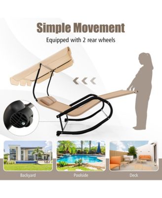 Outdoor 2-Person Double Rocking Chaise Lounge w/ Canopy & Wheels Metal Frame