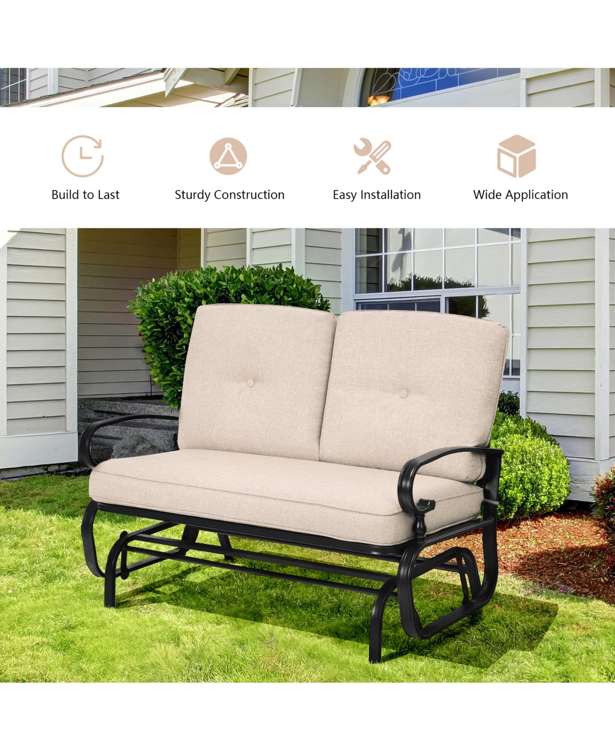 Gymax Patio Swing Glider Chair Rocking Loveseat Bench for 2 Persons with Beige Cushions