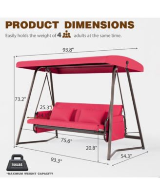 Outdoor Patio 3 seaters Metal Swing Chair Swing bed with Cushion and Adjustable Canopy Red Color