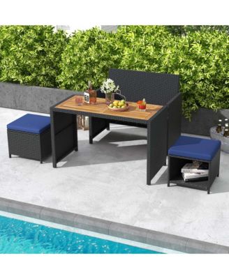 4 PCS Outdoor Dining Set, Rattan Loveseat Chair & 2 Ottomans