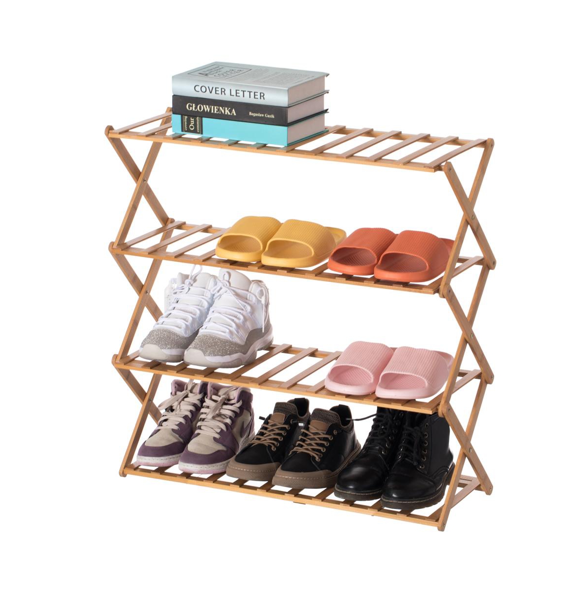 Basicwise Bamboo Foldable Shoe Rack, Free Standing Shoe Organizer Storage Rack