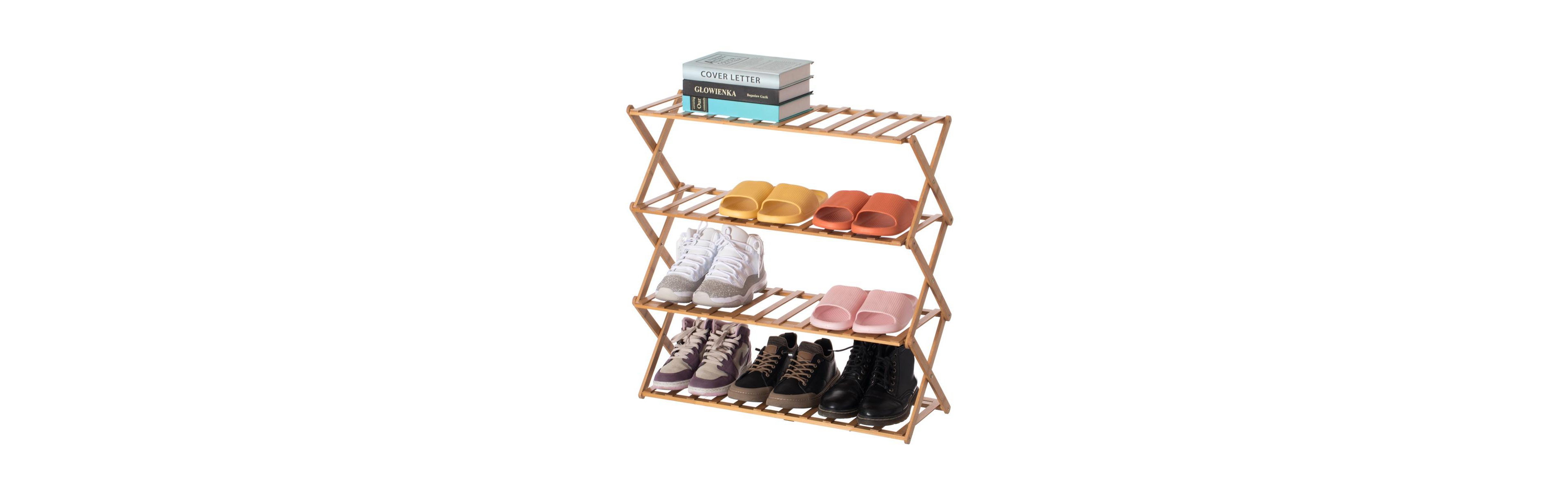 Basicwise Bamboo Foldable Shoe Rack, Free Standing Shoe Organizer Storage Rack, 4 Tier