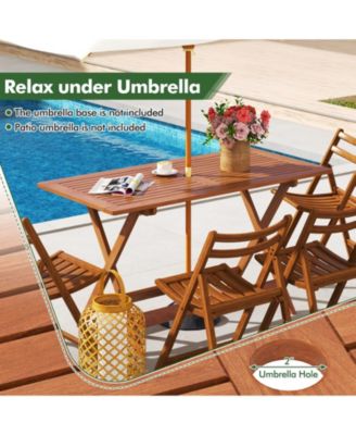 54.5'' x 27.5'' Patio Dining Table w/ Teak Painting 2'' Umbrella Hole for Balcony