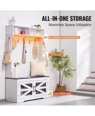 Entryway Bench with LED Coat Rack, 7 Hooks, Shoe Storage, and Adjustable Shelves