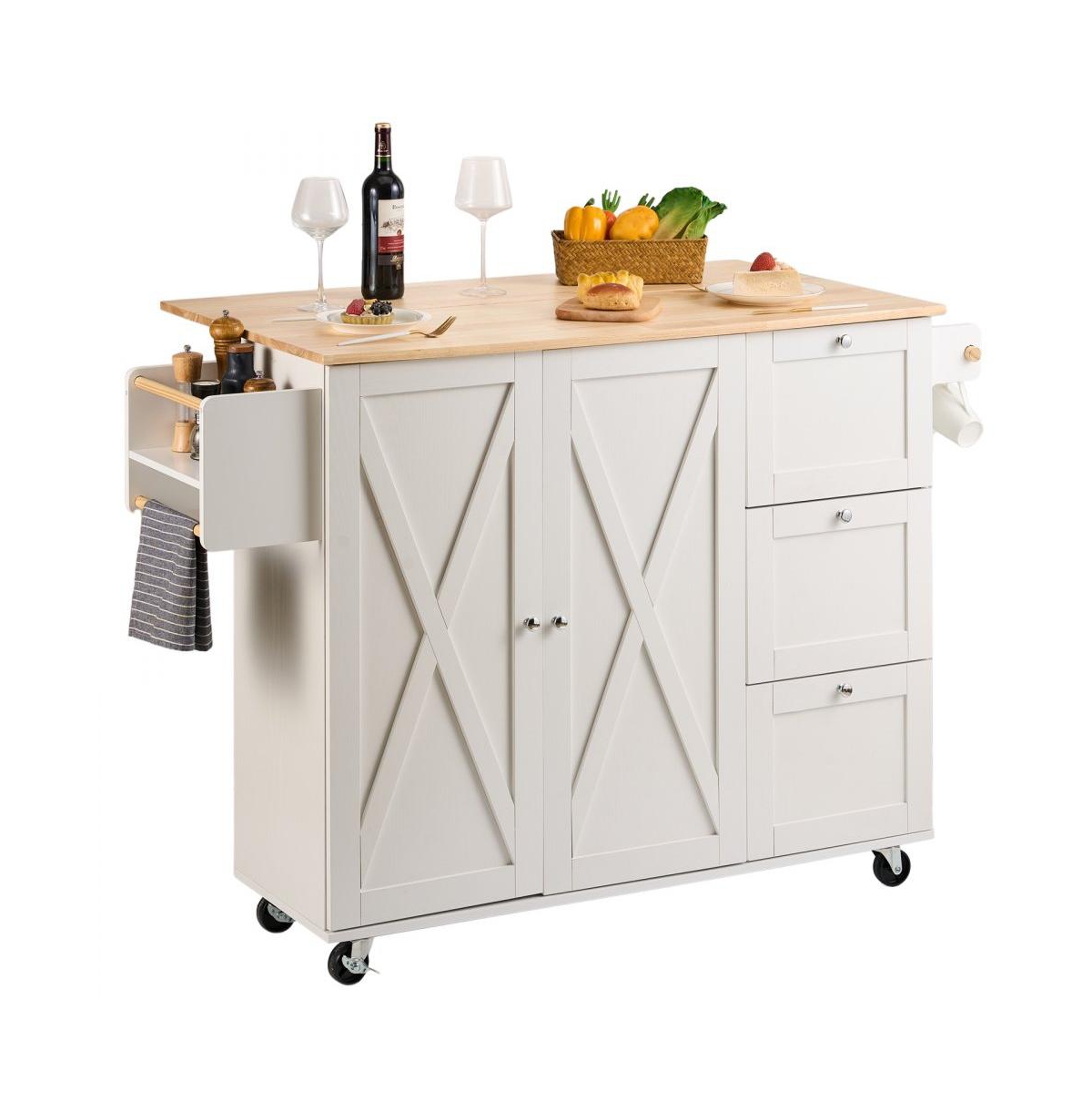 Solid Wood Top Kitchen Island Cart with Cabinet, Spice Rack, Drawer, and Towel Bar