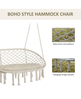 2-Person Hammock Chair Macrame Swing with Soft Cushion, Hanging Cotton Rope Chair for Indoor Outdoor Home Patio Backyard, White