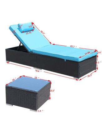 3-Piece Outdoor Patio Furniture Set Chaise Lounge, Patio Reclining Rattan Lounge Chair Chaise Couch Cushioned with Glass Coffee Table, Adjustable Back and Feet, Lounger Chair for Pool Garden, Blue