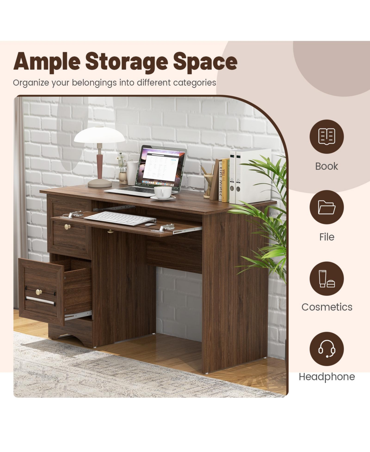 Wooden Computer Desk Workstation with 2 Drawers for Home and Office