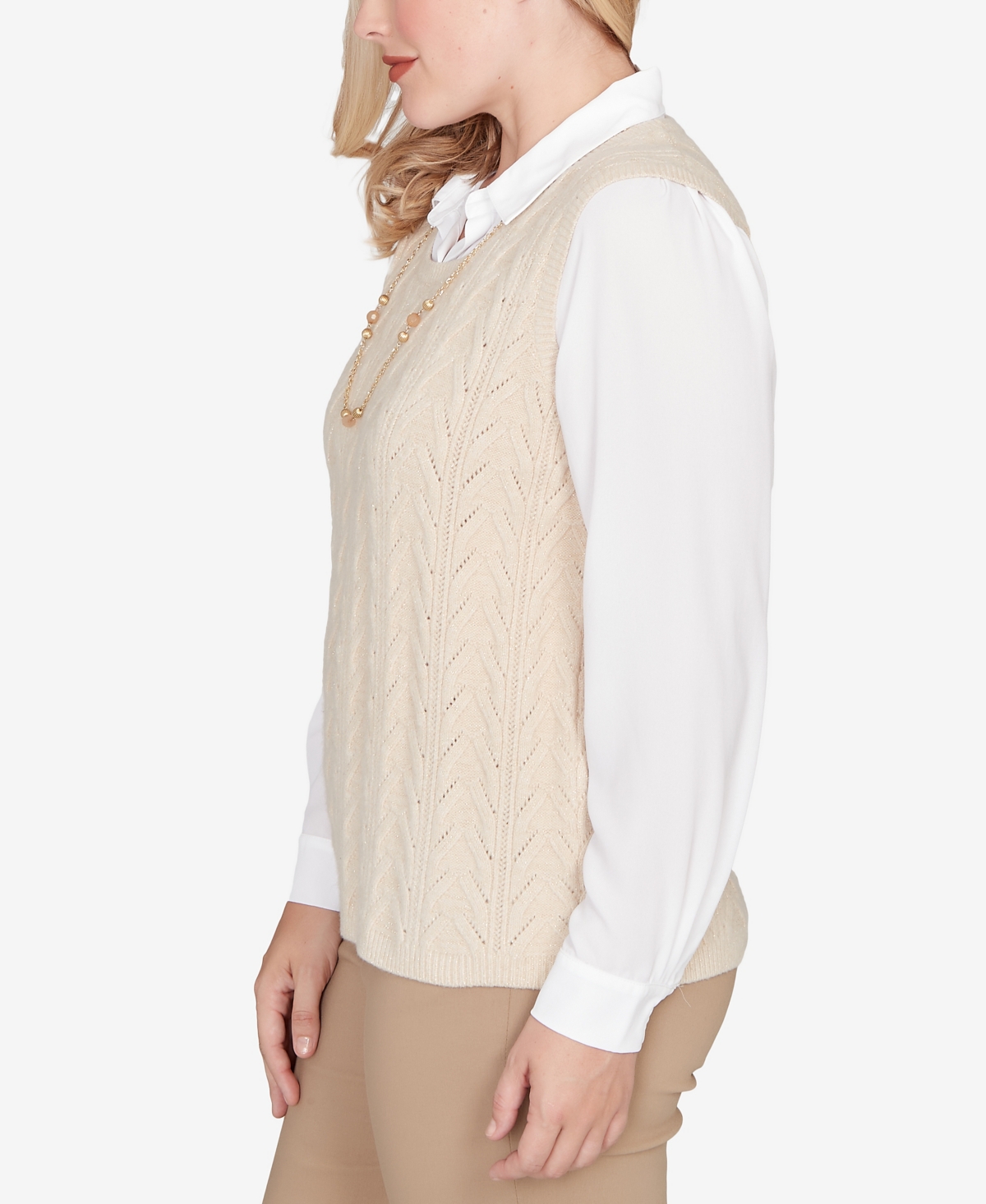 Alfred Dunner Petite Urban Legend Pointelle Texture Two In One Sweater With Necklace In Gray