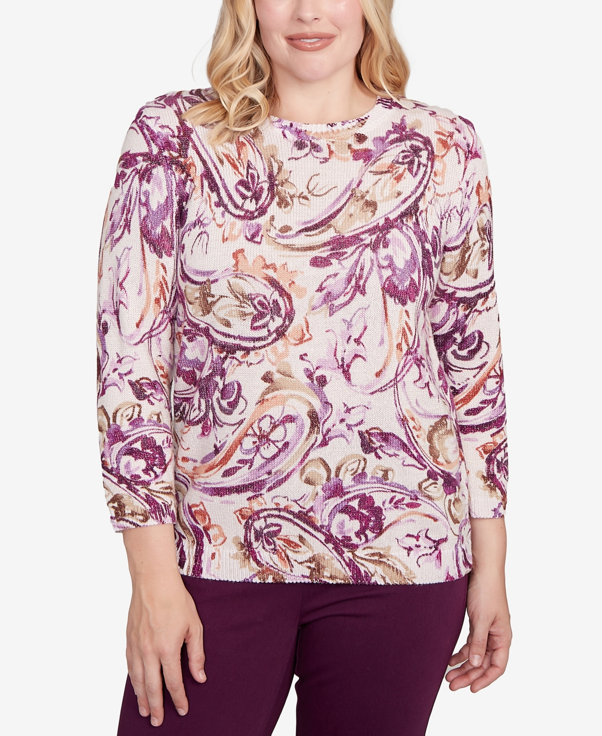 Women's Urban Legend Shimmer Paisley Crew Neck Sweater - Ivory Multi
