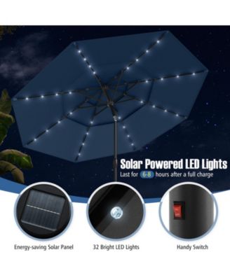 10 FT Solar Patio Umbrella w/ 32 LED Lights 3-Tier Vented Top Tilt Adjustment