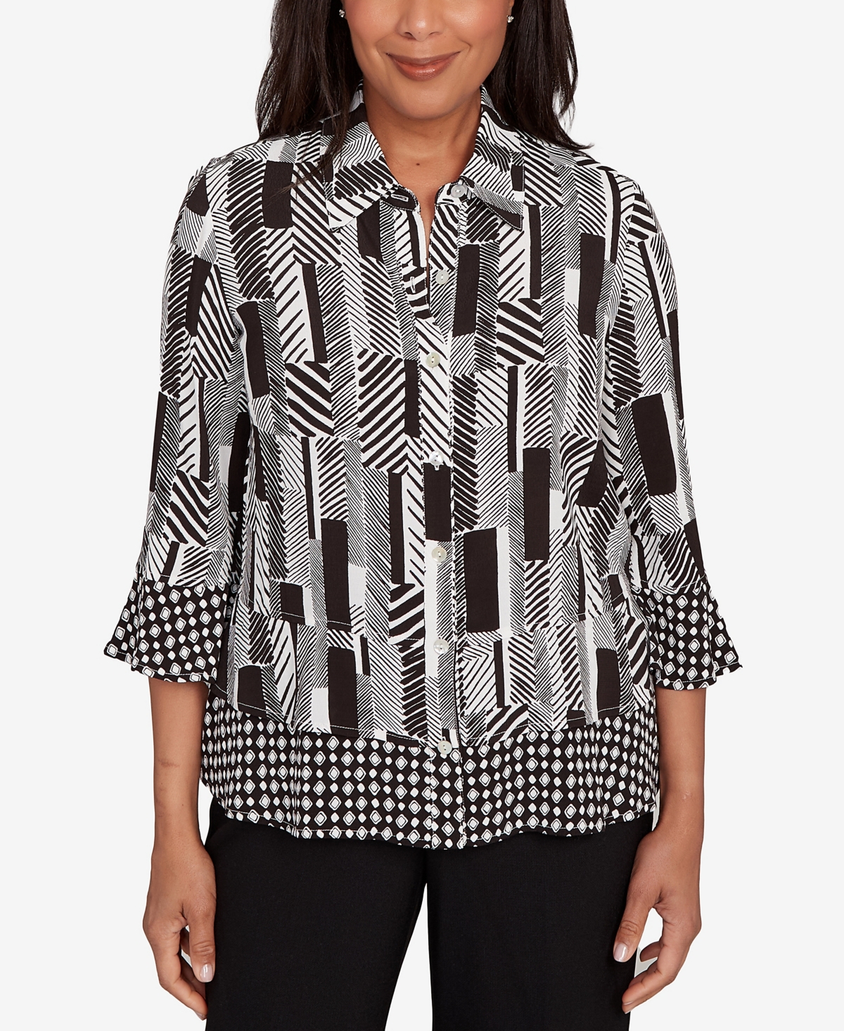 Women's Woven Zebra Button Front Top - Black, White