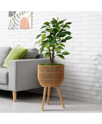 Floor Planter with Wood Legs in Natural, Planter Basket with Stand, Large Plant Pot Cover with Liner