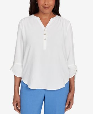 Women's Tie Sleeve Crinkle Textured Henley Top