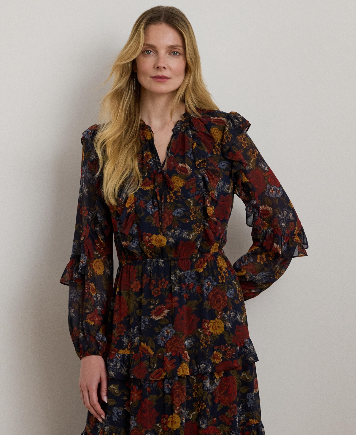 Ralph Lauren Mesh-inset Ruffle Chiffon Long-sleeve Maxi Shirtdress In Multi