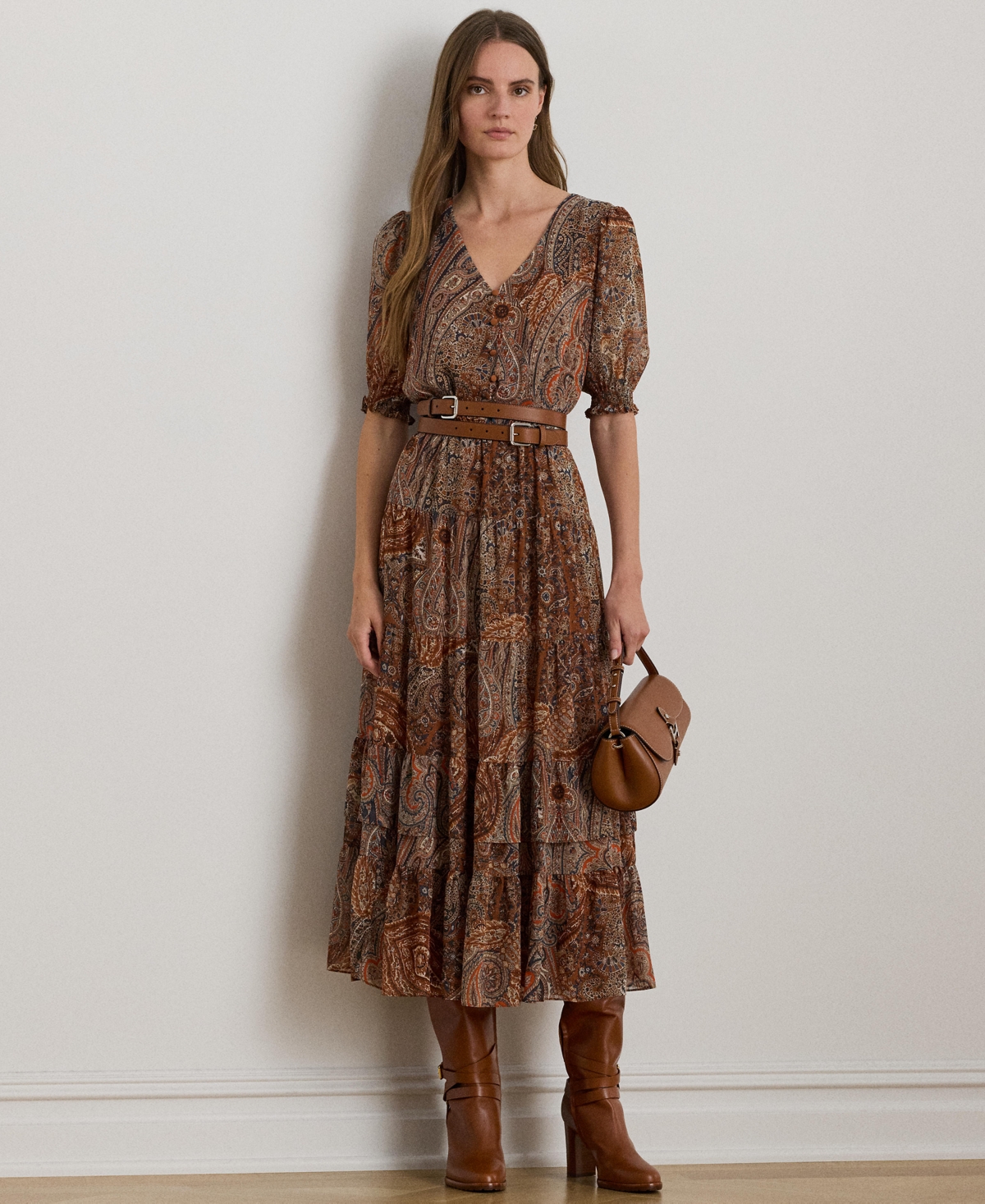 Ralph Lauren Paisley Belted Crinkle Georgette Dress In Brown