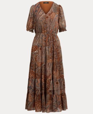 Women's Paisley Belted Crinkle Puffed Sleeve Georgette Dress