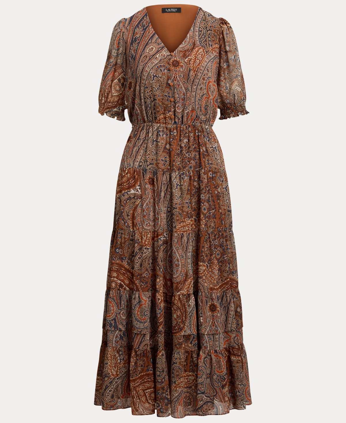 Ralph Lauren Paisley Belted Crinkle Georgette Dress In Brown