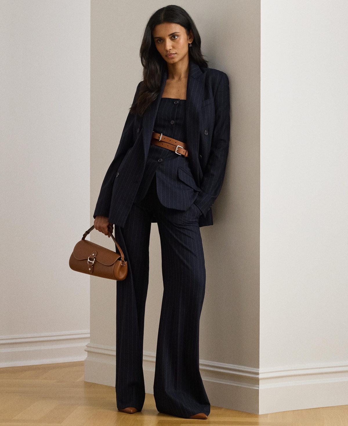 Ralph Lauren Womens Suiting Ryen Double Breasted Pinstripe Twill Blazer 0 22w In Blue