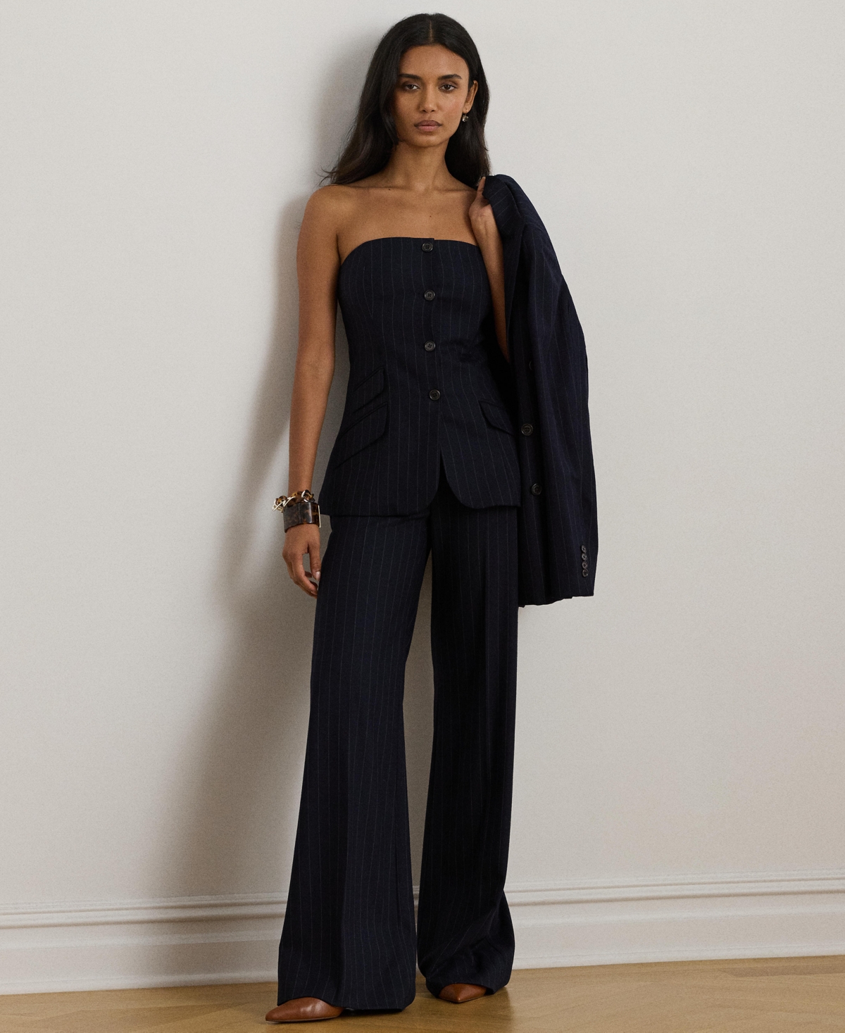 Ralph Lauren Pinstripe Wool-blend Twill Bustier In Black