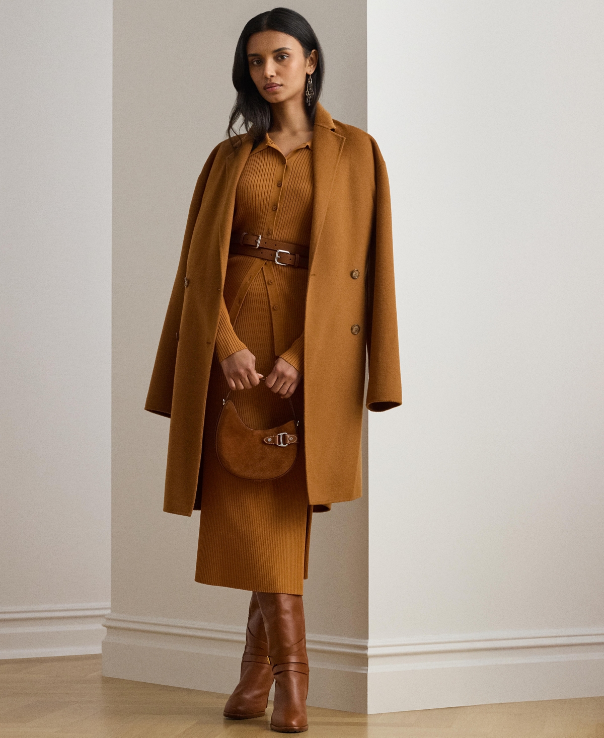 Ralph Lauren Rib-knit Pencil Midi Skirt In Brown
