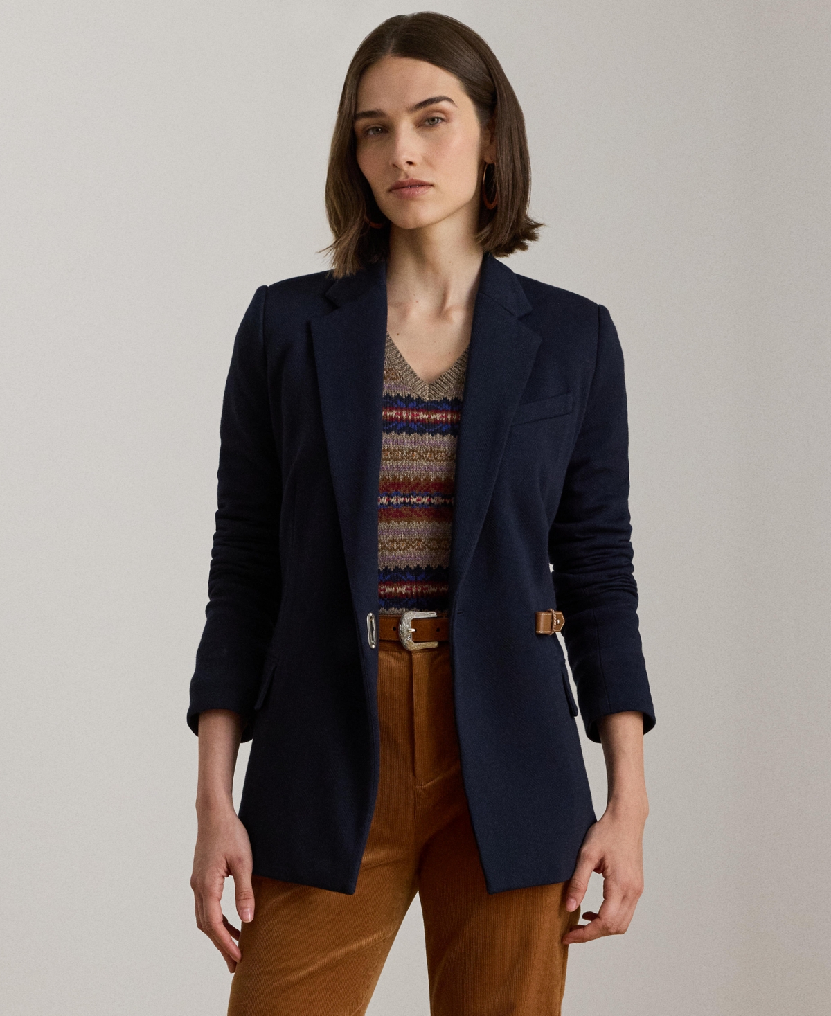 Ralph Lauren Womens Buckle Trim Herringbone Jacquard Blazer 0p 18 In Multi