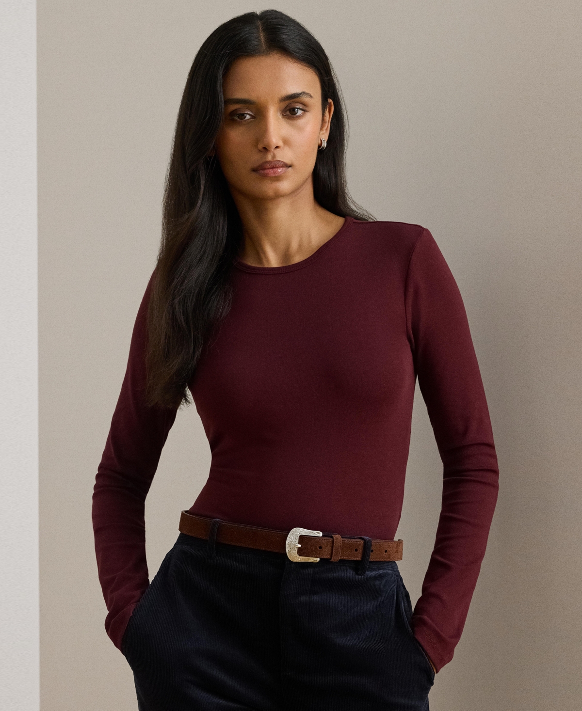 Ralph Lauren Cotton-blend Long-sleeve Top In Burgundy