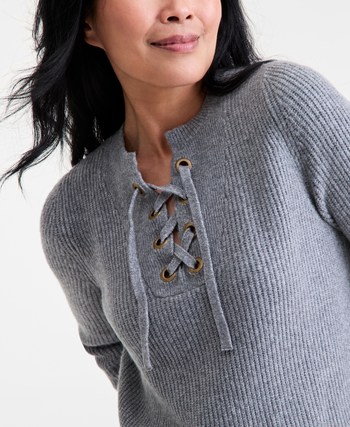 Style & Co Women's Lace-up Long-sleeve Sweater, Macy's Exclusive In Gray