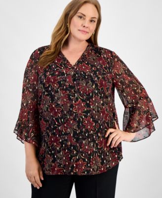 Jones New York - Plus Size Printed V-Neck Flutter-Sleeve Top