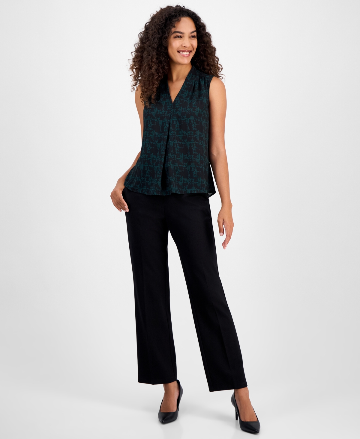 Kasper Abstract-print Sleeveless V-neck Top, Regular & Petites In Green