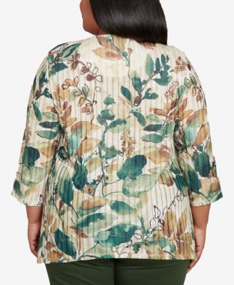 Plus Size Mount Laurel Abstract Leaf Sharkbite Hem Pull On Top with Necklace