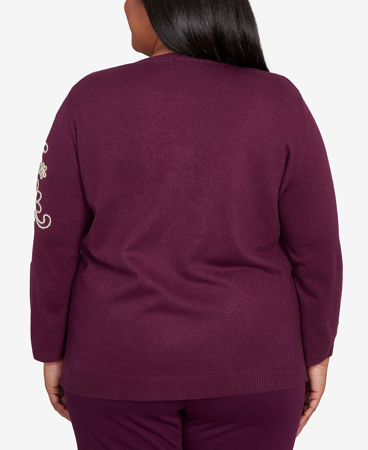 Alfred Dunner Plus Size Urban Legend Diagonal Floral Embroidered Sweater In Purple