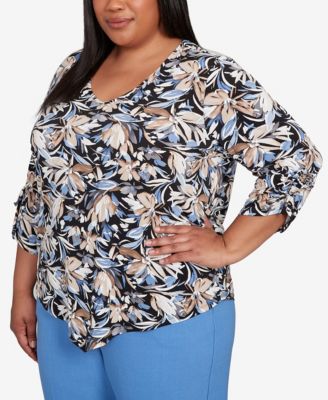 Plus Size As Usual Tie Sleeve Brushstroke Floral Knit Top